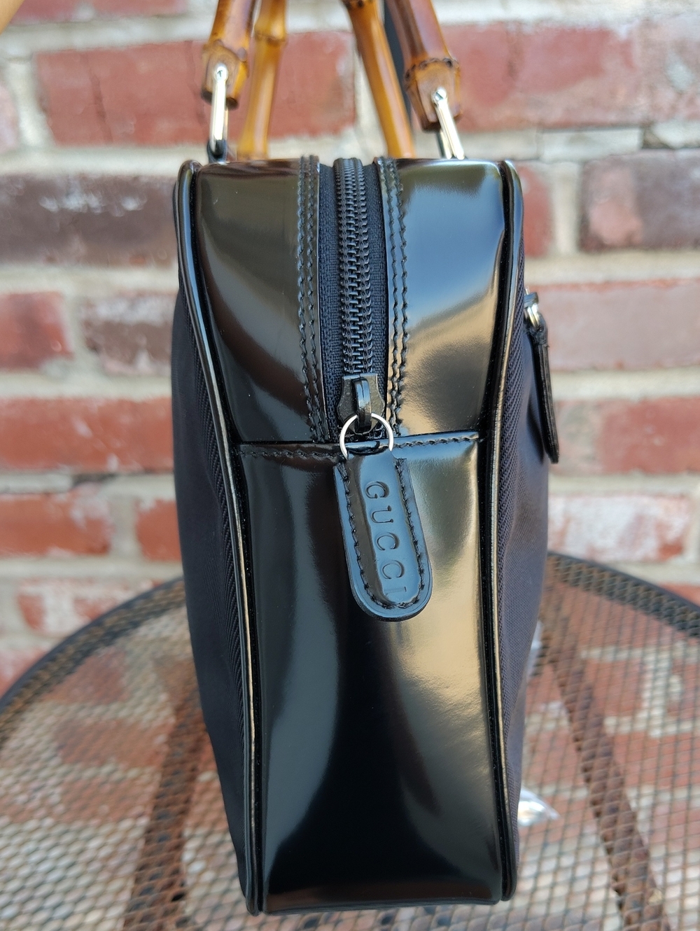 Vintage Gucci Nylon Patent Leather Bamboo Handle Black Handbag Bag Classic 90s - Picture 4 of 16